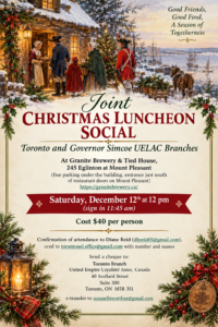 Toronto Branch and Governor Simcoe Branch Christmas Luncheon December 12 @ 11:45 am